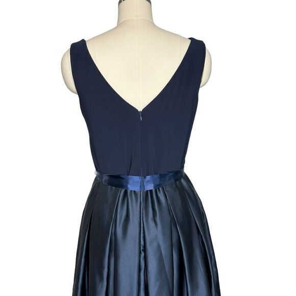 Betsy and Adam Navy Blue Satin Knit Belted Cocktail Dress | Size 14 - Picture 5 of 8